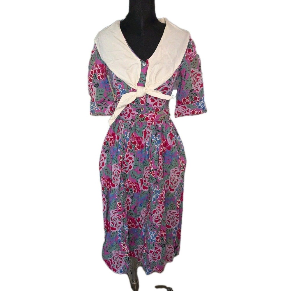 EUC Vintage Laura Ashley Purple Floral Long Midi Dress W/ Belt Big Collar Size 8